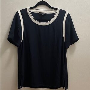 Banana Republic Navy and White Sheer Short Sleeve Blouse. Size Medium